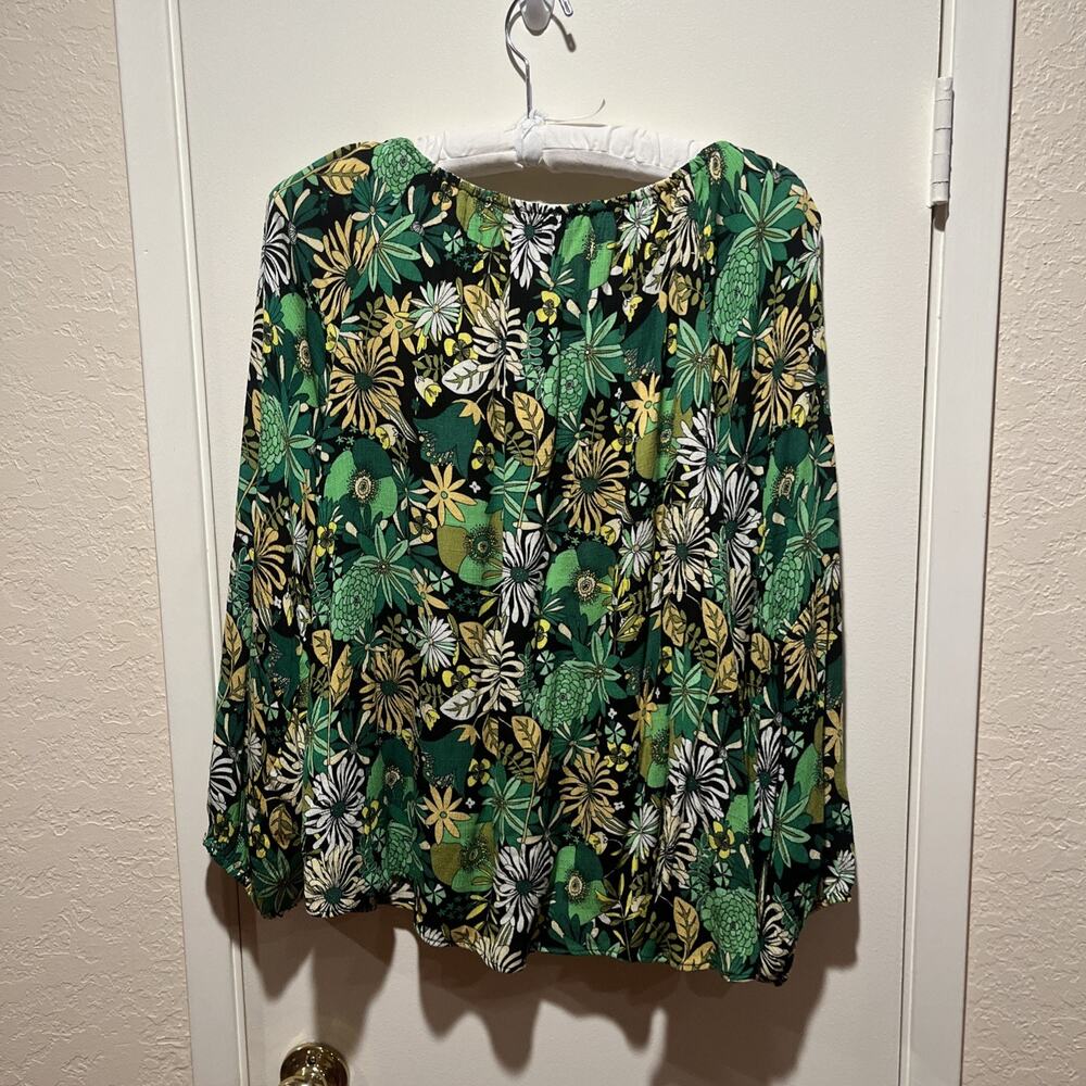 INC International Concepts Yellow Green Floral Top 1X Boho Retro 70s Hippie Bold - Picture 3 of 10